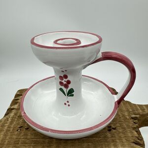 Made Italy Pottery Handled Candleholder Signed Pink Flowers! Gorgeous! EUC